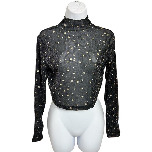 Black Mesh Crop Top Sz M Gold Stars Mock Neck Long-Sleeve Blouse Stretch - Picture 7 of 10